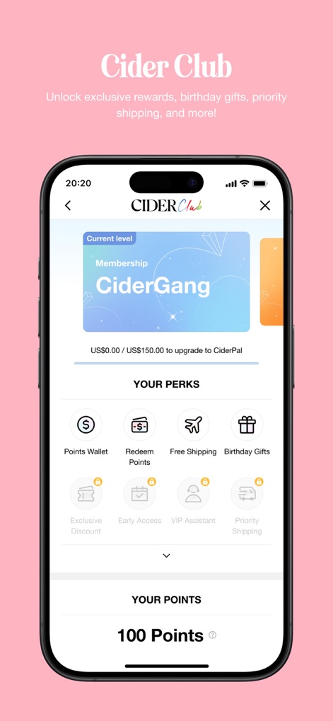 CIDER - Clothing & Fashion - Gli utenti possono scoprire un mondo di privilegi esclusivi offerti dal "Cider Club", dove il livello di appartenenza "CiderGang" sblocca vantaggi come spedizione gratuita e regali di compleanno.