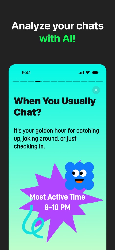 WAMR Backup Message&Dual Chat - ユーザーはAIによる分析で「When You Usually Chat?」として最も活発な時間帯「8-10 PM」を特定でき、これにより自身のコミュニケーションパターンを把握できます。