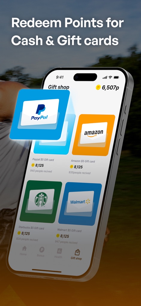 Moneywalk Step Counter&Rewards - Users can explore the app's 'Gift shop' feature, where accumulated points can be exchanged for popular options like 'PayPal' cash or 'Amazon' gift cards.
