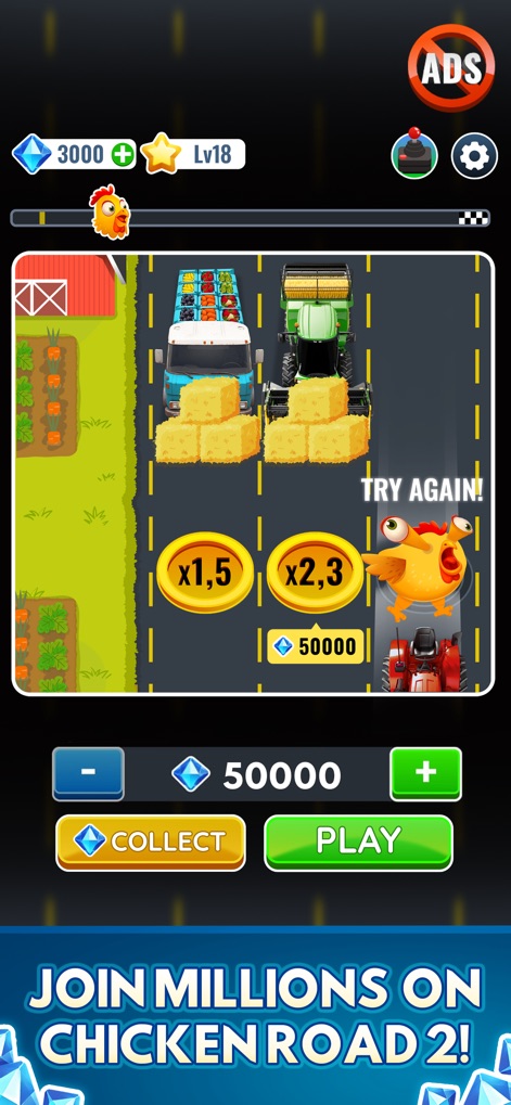 Chicken Cross 2 - Chicken Road - Esta imagen ilustra una consecuencia del juego con el mensaje '¡INTÉNTALO DE NUEVO!' y la expresión aturdida del pollo, destacando la naturaleza desafiante de esquivar los vehículos.