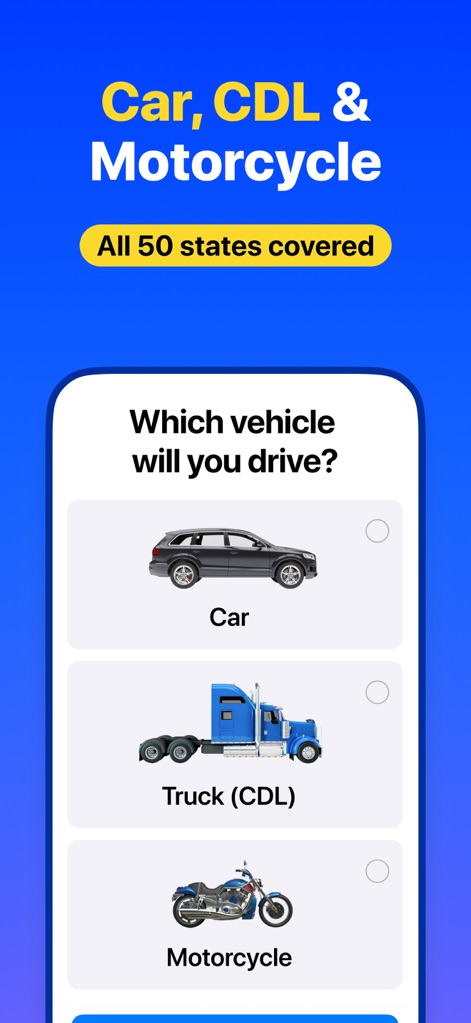 DMV Genie: Permit Test 2026 - Dieses Bild demonstriert die flexible „Fahrzeugtyp-Auswahl“ für Auto, LKW oder Motorrad und die umfassende „Abdeckung aller 50 Bundesstaaten“.