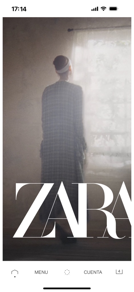 ZARA - 이 앱은 감각적인 영상과 함께 ZARA 로고를 전면에 내세워 사용자에게 몰입감 있는 브랜딩 경험을 제공하며, 하단 탐색 바를 통해 주요 기능에 쉽게 접근할 수 있습니다.