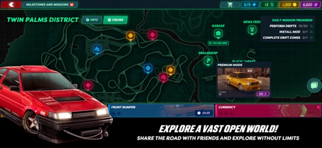 Static Shift Racing - The app presents a vast open-world map, complete with various districts and mission markers, alongside a clear display of daily missions and in-game currency.