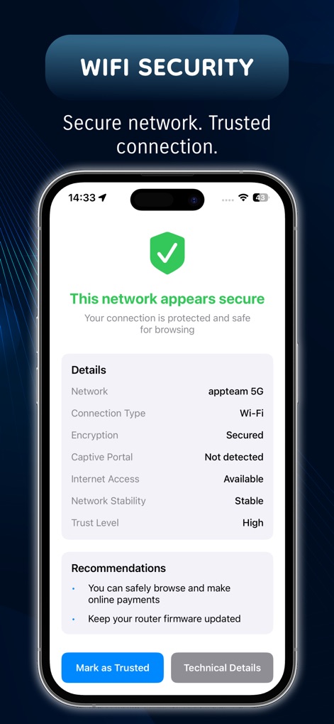 Router Password : WIFI Connect - Évaluez la fiabilité de votre connexion avec un aperçu des détails du réseau et des recommandations de sécurité personnalisées.