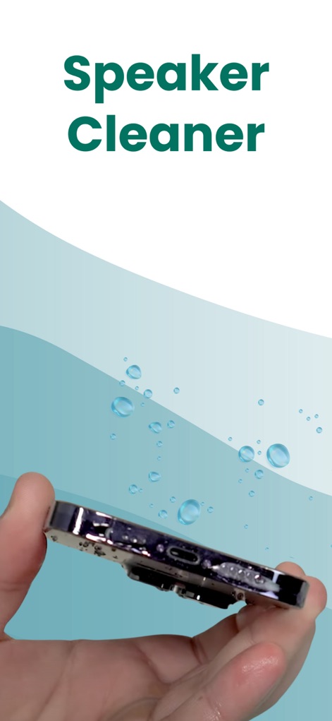 Clear Wave - Water Eject App - This image visually depicts the app's core benefit, showing a phone with 'visible water droplets' and emphasizing its role as a 'Speaker Cleaner'.