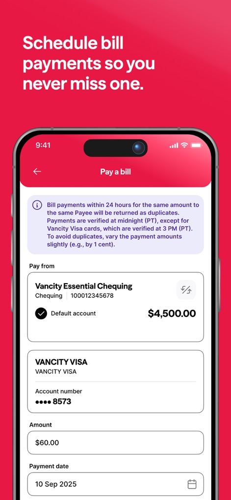 Vancity - Der Screenshot illustriert den Bildschirm zum Bezahlen von Rechnungen, auf dem Nutzer ihr „Vancity Essential Chequing“-Konto auswählen und das „Zahlungsdatum“ festlegen können, um pünktliche Transaktionen zu gewährleisten.