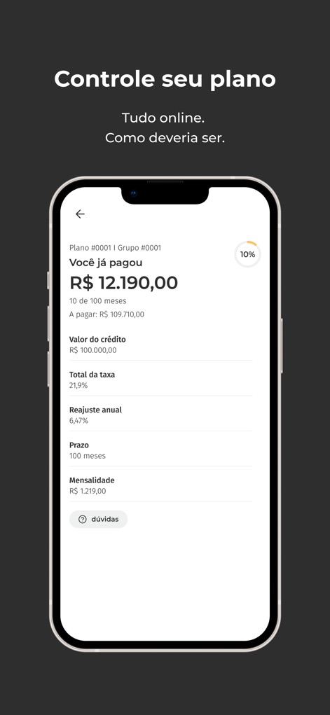 Klubi - Obtenez une vue d'ensemble transparente de l'avancement de votre plan, avec le montant total déjà payé et les détails financiers comme le taux global et le réajustement annuel.