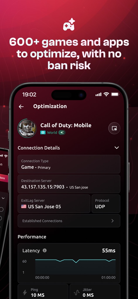ExitLag: Lower your Ping - The app details specific 'Connection Details' like destination server and protocol, complementing the real-time 'Latency' graph for in-depth analysis.