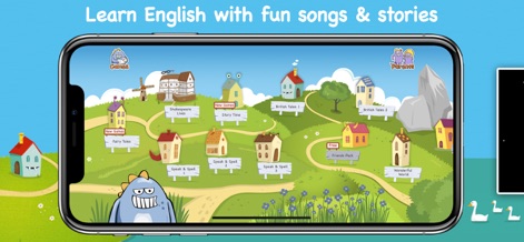 LearnEnglish Kids: Playtime - このアプリは、複数の家で表現された多様なコンテンツパックにアクセスできる学習マップを提供します。地図の下部には可愛いモンスターのキャラクターがおり、子供たちを学習の旅へと誘います。