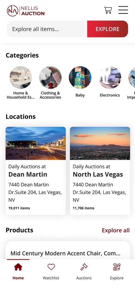 Nellis Auction - Users can effortlessly navigate through product 'Categories' and browse available items by specific 'Locations' like Dean Martin and North Las Vegas.