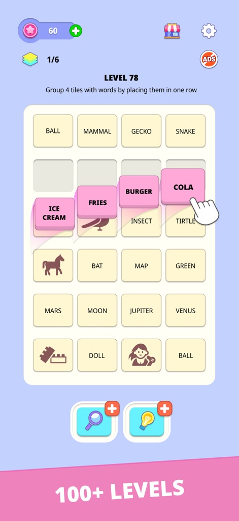 Word Merge: Categories - This scene demonstrates the app's progressive challenge levels, where users actively engage in placing tiles to form new categories such as the pink 'food' group.