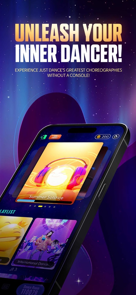 Just Dance Now - このアプリは、スマートフォン画面に表示される楽曲「Summer Solstice」を通じて、ユーザーが手軽にダンスを開始できることを示し、内なるダンサーを解放する体験を提供します。