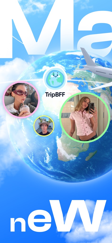TripBFF - Solo Travel Friends - The app visualizes its global reach with an interactive globe and individual user profiles, symbolizing a new way to connect with travelers worldwide.