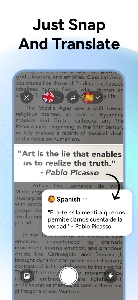 Translate AI • AI Translator - La función 'Snap And Translate' permite traducir texto de imágenes, mostrando claramente cómo se **selecciona una cita de texto** en la pantalla para obtener su **traducción precisa al español** en un recuadro emergente.