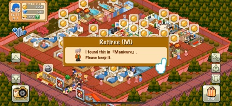 Hotel Story: Resort Simulation - Experience engaging guest interactions as a "Retiree (M)" shares a found item, while numerous coin icons dot the environment, inviting collection for immediate rewards.