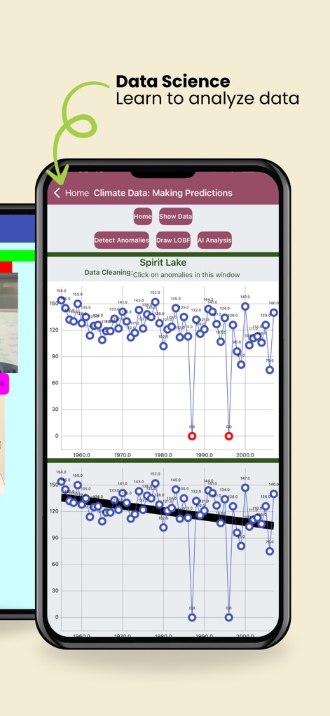 MIT App Inventor - Dive into data science with tools that enable users to analyze climate data through interactive line graphs and utilize features like 'Detect Anomalies'.