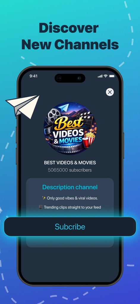Telegram Channel Hub Group App - La aplicación permite a los usuarios descubrir canales atractivos como "BEST VIDEOS & MOVIES" y ver detalles esenciales, incluyendo el número de suscriptores y una breve descripción del contenido.