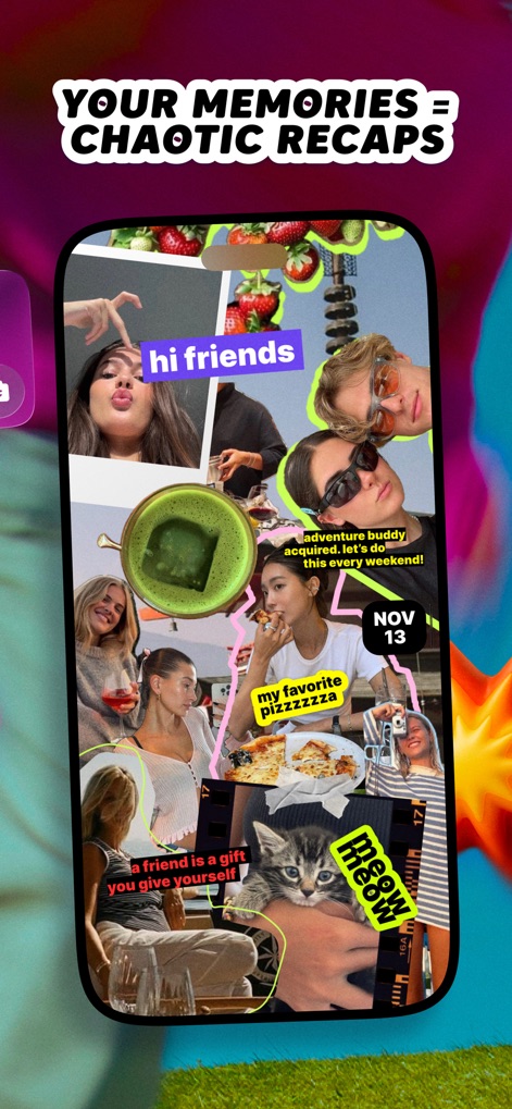 yope: friends-only pics - Esta ferramenta organiza momentos em colagens dinâmicas, transformando várias fotos e anotações como "hi friends" e "my favorite pizzzza" em resumos de memória autênticos.