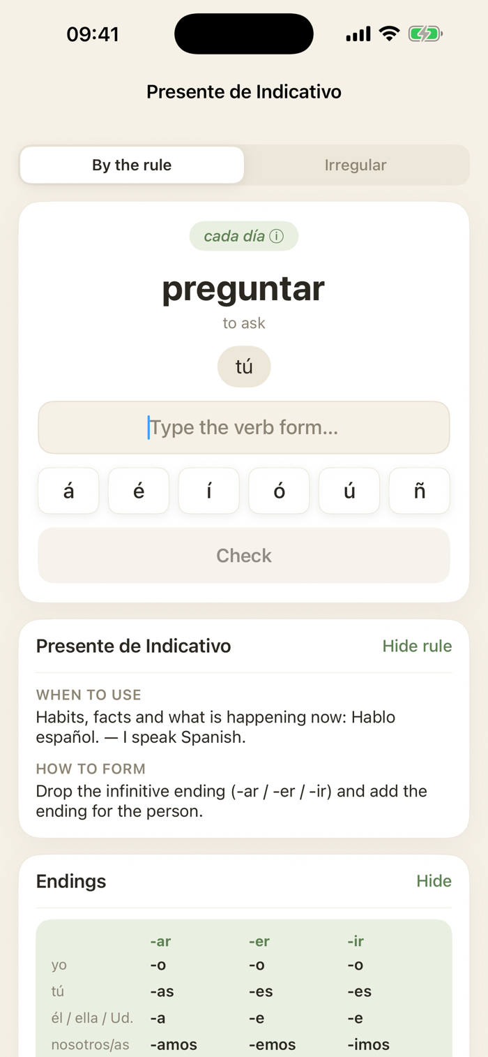 Tiempos — Spanish Verbs - Tiempos是一款专注西班牙语动词变位的训练工具。涵盖现在