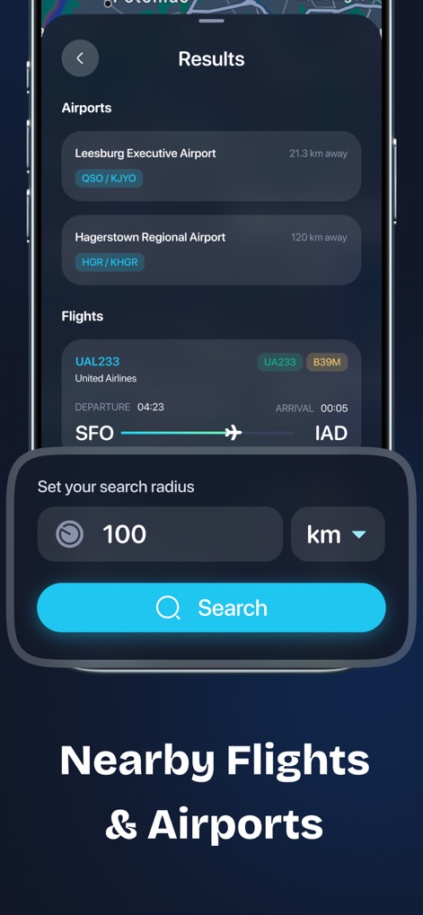 Sky Radar: Live Flights - Discover local air traffic with a customizable search radius and easily identify nearby airports and active routes.