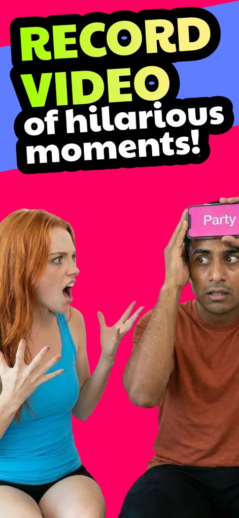 Guess the Word! Charades Game - This feature allows users to record and relive hilarious gameplay moments, exemplified by the 'Party' category on the phone and the expressive reactions of the players.