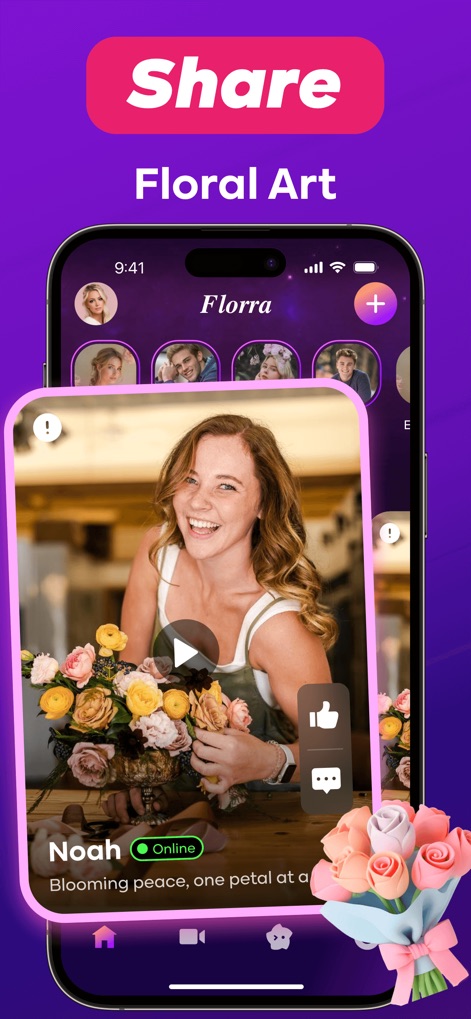 Florra：Video，Chat Fun - このアプリでは、ユーザーが作成したフローラルアートの再生中の動画を視聴したり、上部のユーザープロフィールから他のクリエイターを見つけたりできます。