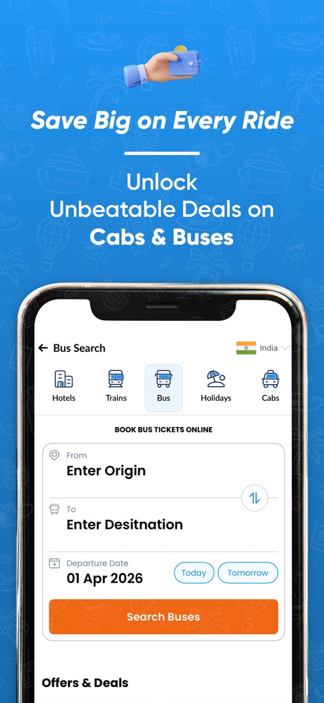 EaseMyTrip Flight, Hotel, Bus - This screenshot highlights the streamlined bus booking process, showcasing clear input fields for origin and destination, and convenient date selection for travel planning.