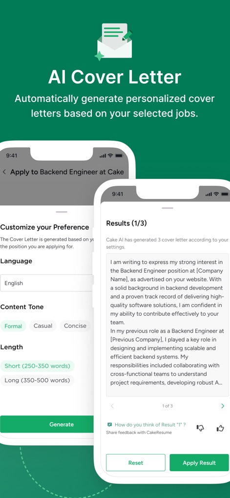 Cake: Job, Resume & Networking - This tool allows users to customize their cover letter preferences for tone and length, and view AI-generated drafts tailored for specific job applications.