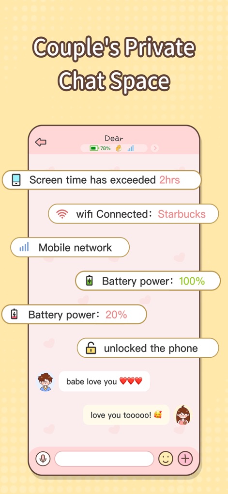 Sweetly-the world for couples - This private messaging interface integrates real-time partner status updates, such as screen time and battery percentage, alongside a variety of playful stickers.