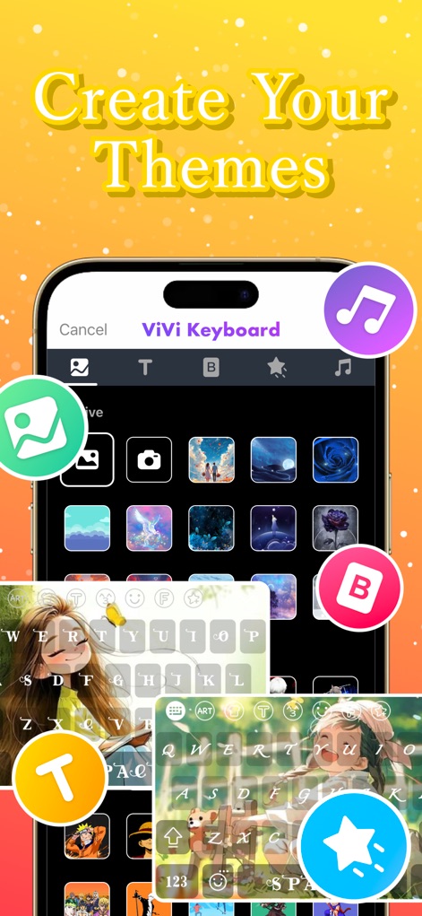 ViVi Keyboard: Theme & Chatbot - Personnalisez votre clavier à l'infini en choisissant des images de fond personnalisées et en ajustant les polices et les styles de boutons pour une expression unique.