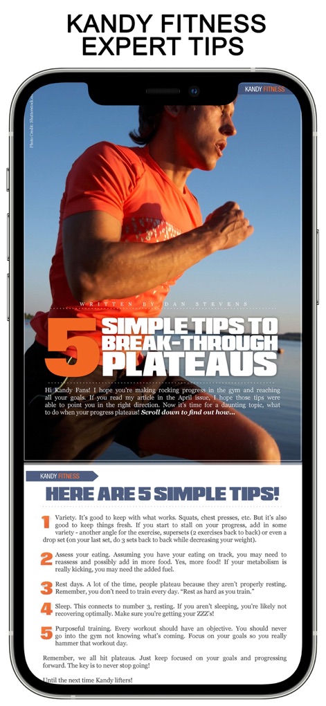 KANDY Magazine: Photo Stories - 사용자는 야외에서 운동하는 남성의 역동적인 이미지와 함께 "정체기를 극복하는 5가지 간단한 팁"이라는 제목의 유용한 피트니스 기사를 볼 수 있으며, 구체적인 운동 팁이 번호 목록으로 제공됩니다.