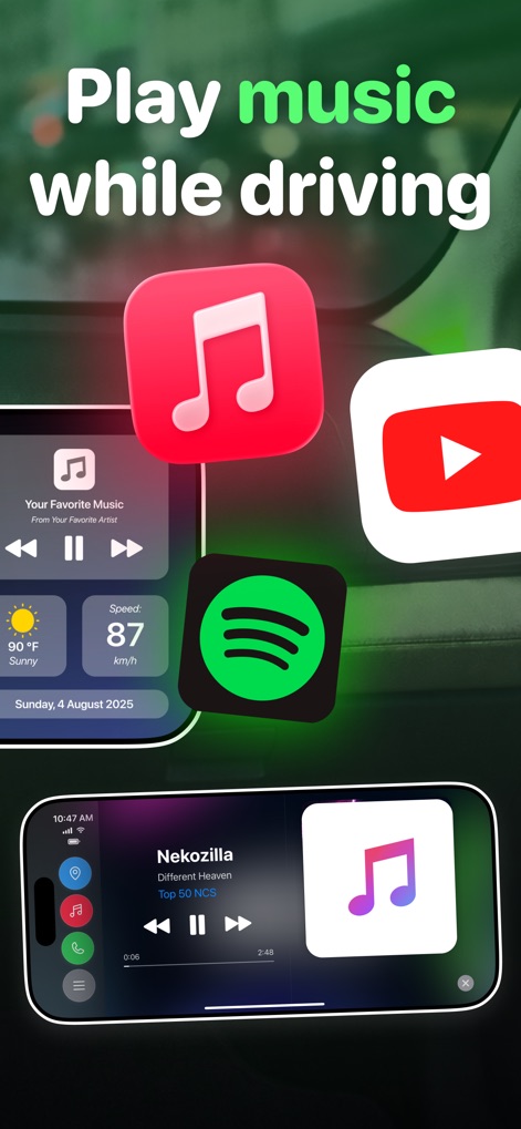 Car Play Connect - Auto Sync - Los usuarios pueden disfrutar de su música favorita con total control, integrando plataformas populares como Spotify y Apple Music, y visualizando el reproductor musical junto con información del tiempo.