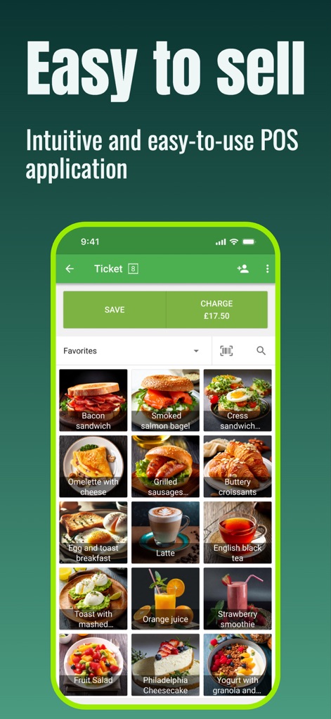 Loyverse POS - Point of Sale - Discover how this tool features a visual product catalog with images and clearly displays "SAVE" and "CHARGE" transaction options for efficient selling.