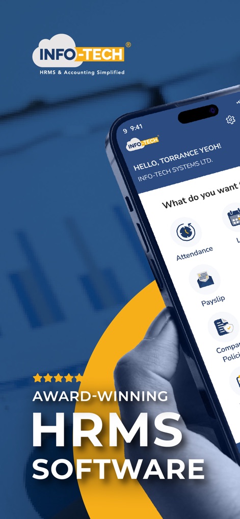 INFOTECH HRMS - The app introduces itself as an 'Award-Winning HRMS Software', highlighting its industry recognition and core purpose.