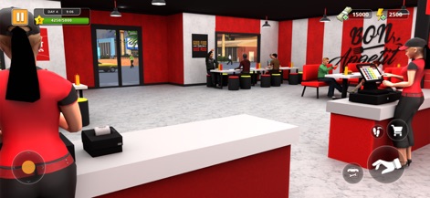 Supermarket Motel Simulator 3d - Los usuarios pueden gestionar un restaurante vibrante dentro del complejo. La captura muestra el interior del restaurante con su distintiva decoración en rojo y blanco, y el diseño de las mesas y la caja registradora para un servicio eficiente.