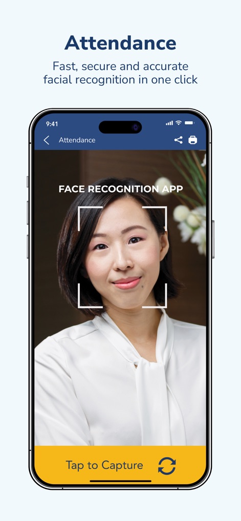 INFOTECH HRMS - This tool enhances security with integrated 'facial recognition technology' for clocking in, requiring a simple 'Tap to Capture' action.