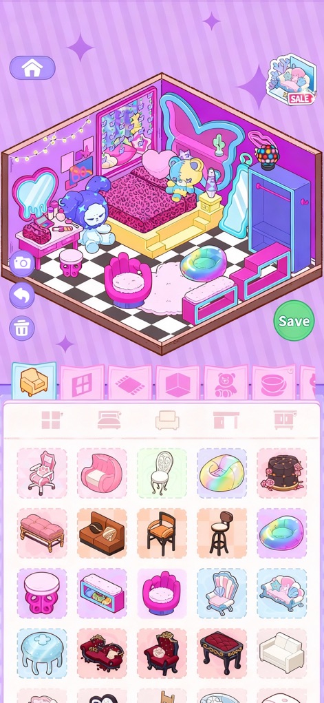 Pocket Life: Decor Happy Room - Furnish custom spaces with cozy bedroom essentials like a plush bed and an assortment of unique seating options.