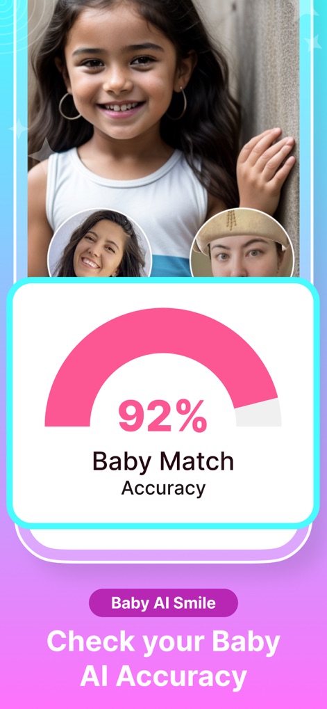 AI Baby Generator Baby Blend - The app displays a "Baby Match Accuracy" meter, demonstrating how closely the generated child's photo aligns with parental features.