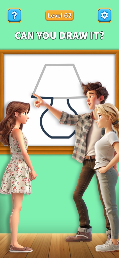 One Line: Drawing Puzzle Game - This screenshot highlights an engaging tutorial element where animated characters visually guide the user through completing a drawing, with the 'Level 62' clearly visible above the interactive scene.