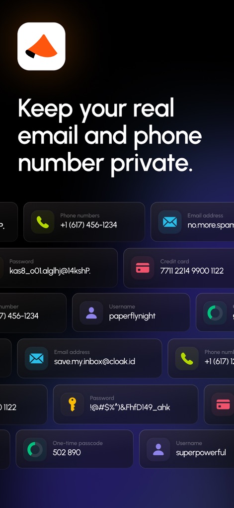 Cloaked: Protect your privacy - This view demonstrates the robust alias generation capabilities, presenting multiple generated "phone numbers" and secure "password" entries for online activities.