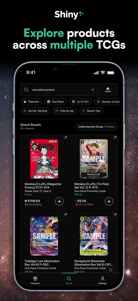 Shiny - Card Value Scanner - Observe how users can efficiently search for products using a robust search bar and filter by various TCGs, uncovering cards like 'Monkey D. Luffy' across different sets.