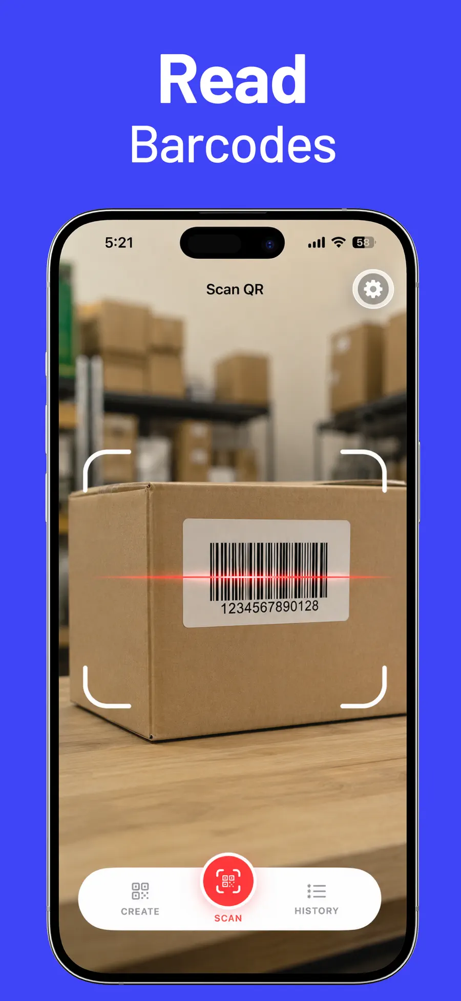 QR Reader & Creator showing QR scanning, QR creation types, and saved history on iPhone (2/6)