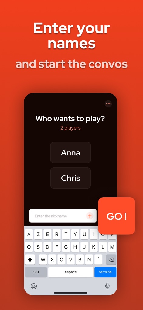 Debatium - Couple Game Convo - O processo de configuração é simples, permitindo que os usuários insiram nomes como "Anna" e "Chris" para personalizar a experiência antes de iniciar as conversas.