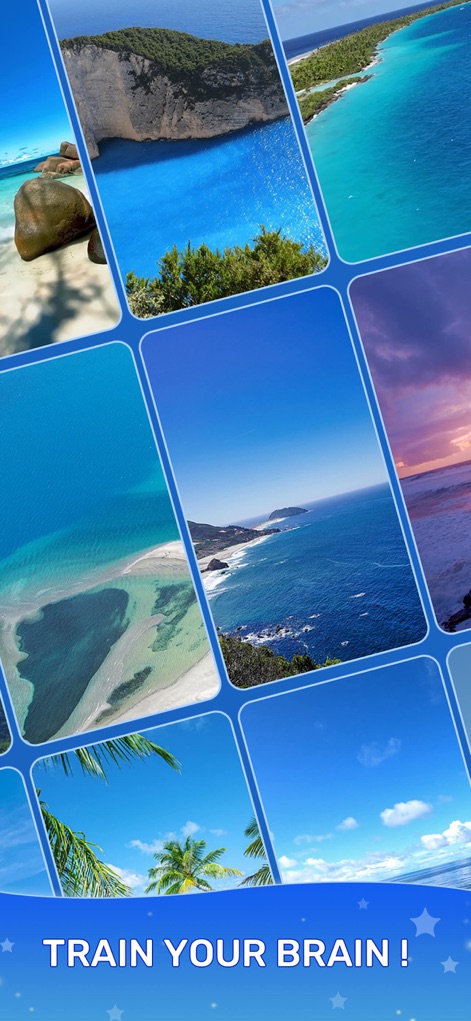 Word Oasis: Calm Puzzle Game - Explore the rich collage of diverse serene landscapes and the empowering 'TRAIN YOUR BRAIN!' call to action, highlighting mental benefits.