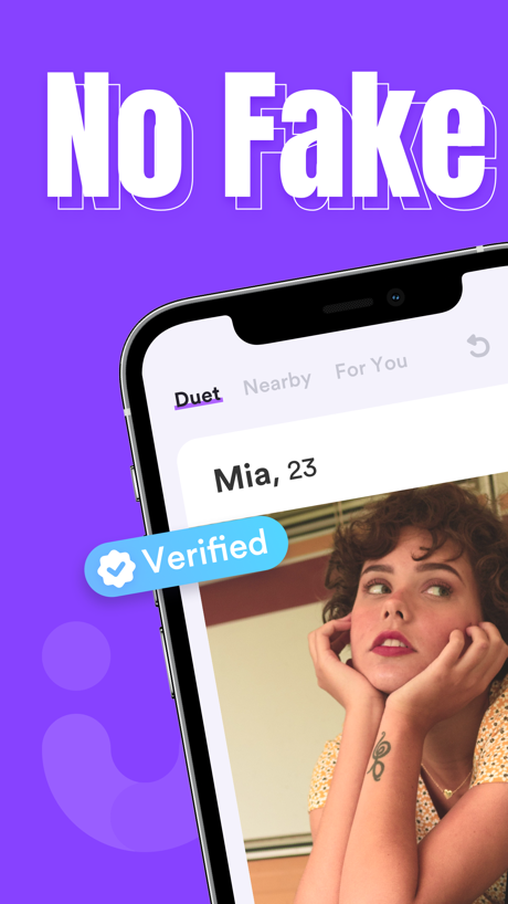 Duet Dating App: Chat & Meet App Store screenshot 1, headline “No Fake”. Purple.