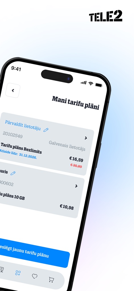 Mans Tele2 - A seção 'Mani tarifu plāni' permite gerenciar usuários associados ao plano e visualizar os detalhes do plano atual, incluindo o preço e o período de desconto.