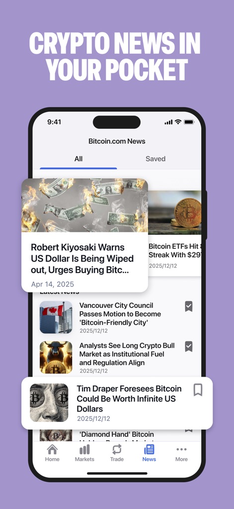 Bitcoin.com Wallet: Buy, sell - Keep up-to-date with the integrated 'Bitcoin.com News' feed, offering relevant articles and organized content via 'All' and 'Saved' tabs.