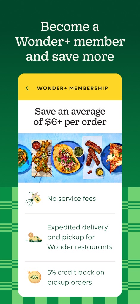 Wonder: Food Delivery - This screen outlines the advantages of Wonder+ membership, highlighting benefits such as 'No service fees' and 'Expedited delivery and pickup' for enhanced user value.