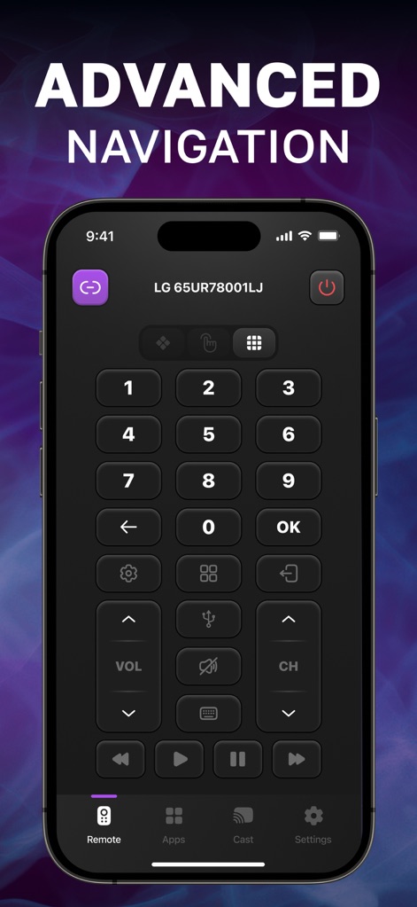 Universal TV Remote Control 。 - This screenshot illustrates the app's advanced navigation capabilities, providing a full number pad for direct channel input and additional utility buttons.