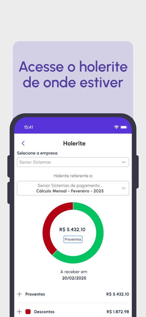 wiipo - O aplicativo fornece acesso rápido ao holerite, exibindo um gráfico circular de proventos e a data prevista de recebimento.